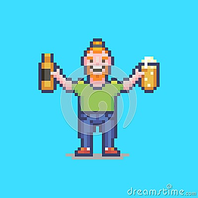 Simple flat pixel art illustration of smiling guy with a bottle and a glass of beer in his hands Vector Illustration