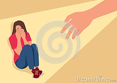 Human hand helps a depression young woman sits on floor Vector Illustration