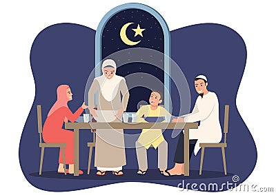 Suhoor and Iftar with family during Ramadan month Vector Illustration