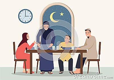 Suhoor and Iftar with family during Ramadan month Vector Illustration