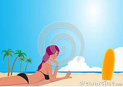 Simple flat vector illustration of surfer girl walking on the beach. Summer vacation. Water sports. Lifestyle Vector Illustration