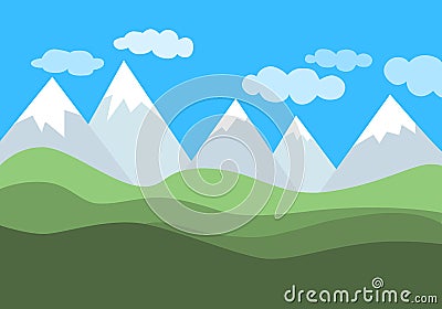 Simple flat vector landscape with mountains, green hills and blue cloudy sky. Vector Illustration