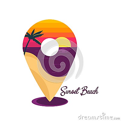 Simple Flat Vector Sunset Beach Place Icon with half sun on beach and flat gradient Vector Illustration