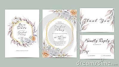 Simple floral wedding invitation template set of watercolor flowers Vector Illustration