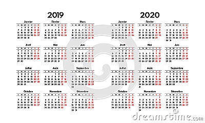 Simple 2019 2020 french calendar grid, starts monday Vector Illustration