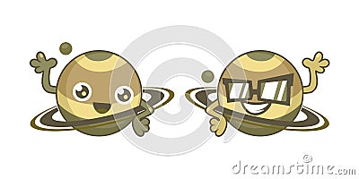 Simple Funny Isolated Happy Smiling Saturn Planet Cartoon Characters Vector Illustration