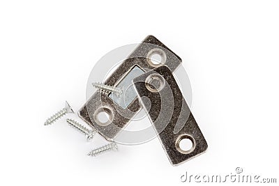 Furniture door magnetic retainer and mounting screws on white background Stock Photo