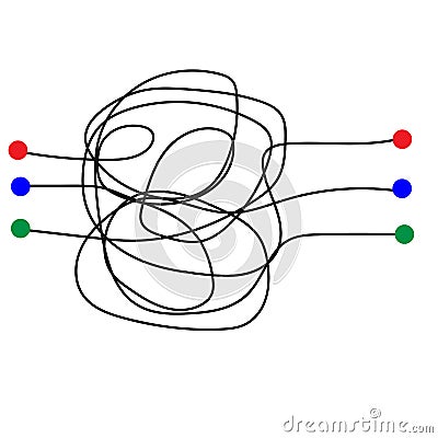 Simple game. Tangled tangle of lines. You need to follow the path from start to finish Vector Illustration