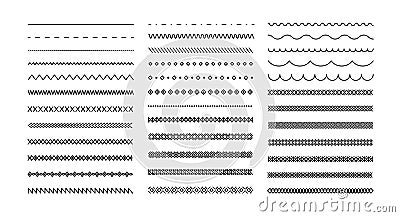 Simple geometric line borders. Minimal decorative dividers and border patterns with dashed, zigzag, wavy and diamond Vector Illustration