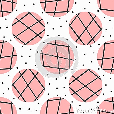 Simple geometric seamless pattern. Polka dot and circles with lines drawn by hand. Vector Illustration