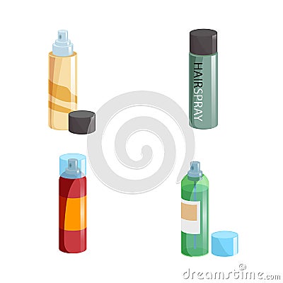 Simple gradient hair spray fixation icons set. Closed with transparent cap and opened different colors bottles. Hair care and st Vector Illustration