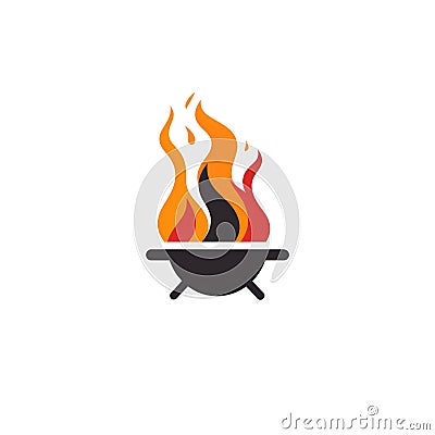 Simple graphic logo of bbq with fire on white background. Stock Photo