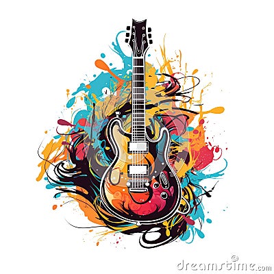 Simple graphic logo of color styled guitar on white background. Stock Photo