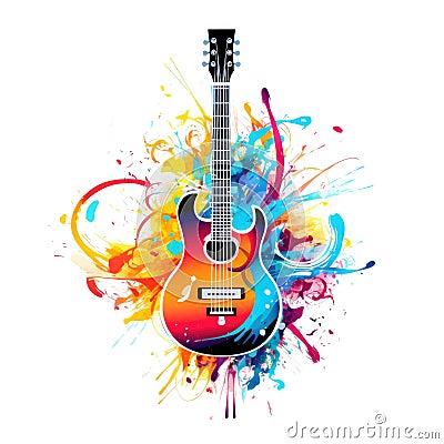 Simple graphic logo of color styled guitar on white background. Stock Photo