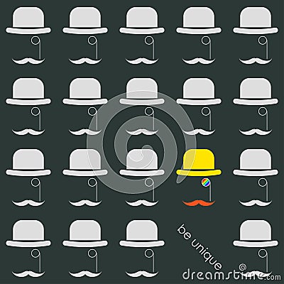 Simple graphical conceptual illustration on the theme of the uniqueness of each person with cartoon hats Vector Illustration