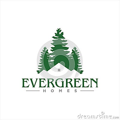 Simple green pine tree home evergreen logo design idea Vector Illustration