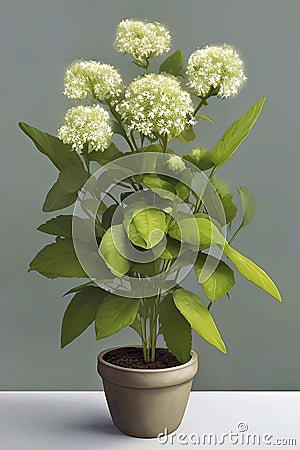 Simple green plant with white and fuzzy flowers Stock Photo