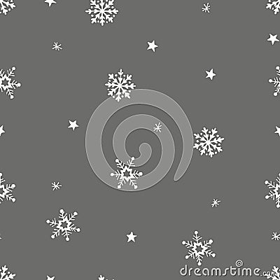 Simple grey festive seamless pattern with hand drawn white snowflakes. Christmas winter design. Falling snow. Vector Vector Illustration