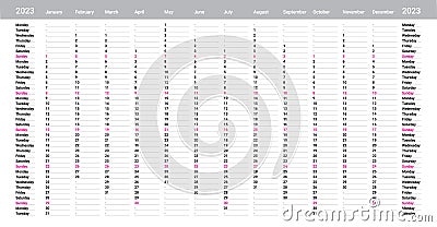 Simple grey linear calendar yearly planner template for 2023 with vertical month grid and highlighted sundays Vector Illustration