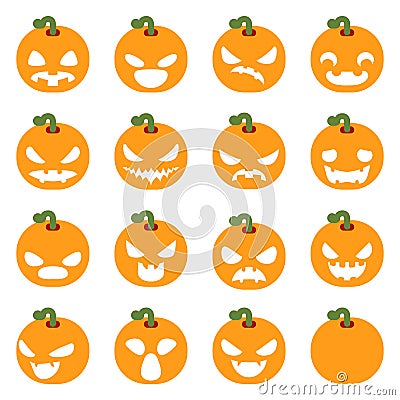 Simple halloween pumpkin decoration scary faces smile emoji icons set isolated flat design vector illustration Vector Illustration