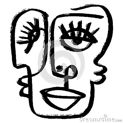 Simple hand drawn abstract line continuous face. Ink Brush drawing in the style of Abstractionism. Modern Style Black Vector Illustration