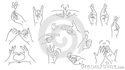 Simple Hand Gestures Linear Vector Set Vector Illustration