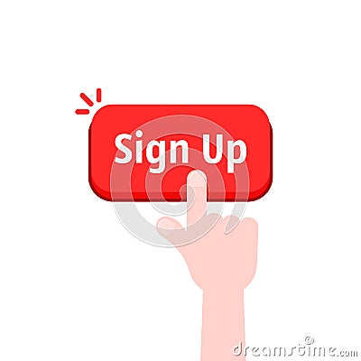 Simple hand with red sign up button Vector Illustration