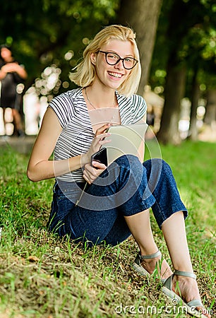 Simple happiness. Closer to nature. Nature inspiring environment. Girl carefree student worker laptop relaxing outdoors Stock Photo