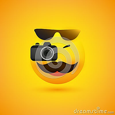 Simple Happy Smiling Male Photographer Emoji with Mustache Wearing Sunglasses on the Top of His Head Vector Illustration