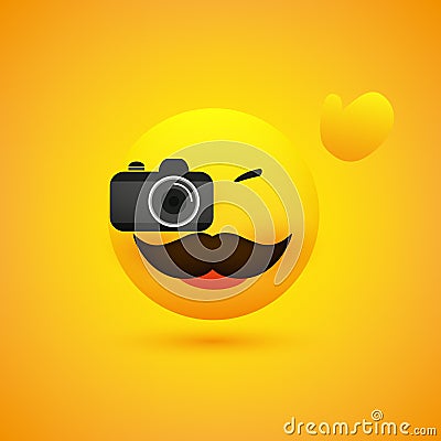 Simple Happy Smiling Waving Male Photographer Emoji with Moustache Looking Into and Taking Picture with a Digital Camera Vector Illustration