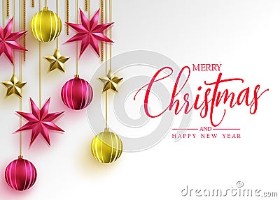 Simple Holiday Greeting Card in White Background with Gold and Red Christmas Balls Vector Illustration