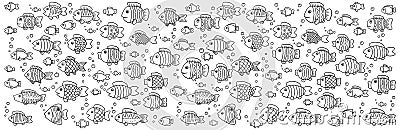 Simple horizontal banner. Vector coloring cute doodle fish. Line art on white background Vector Illustration