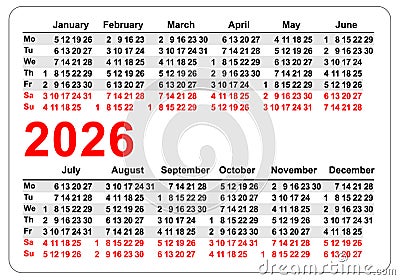 2026 simple horizontal pocket calendar grid template isolated on white vector Vector Illustration