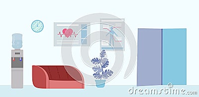 Simple Hospital Indoors Design In Light Colours. Vector Illustration In Cartoon Flat Style With Water Cooler, Red Sofa Vector Illustration