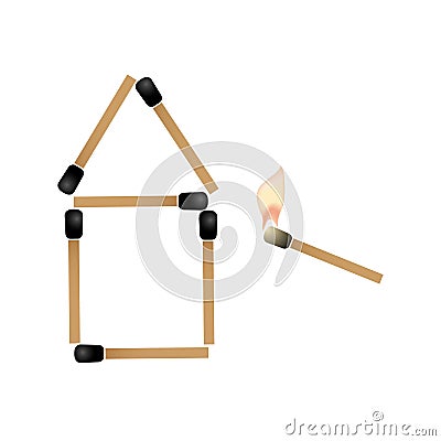 Simple house made of matches and burning match trying ignite roof eps10 Vector Illustration