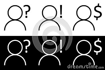 Simple humanoid with sign marks question exlamation and dollar Vector Illustration
