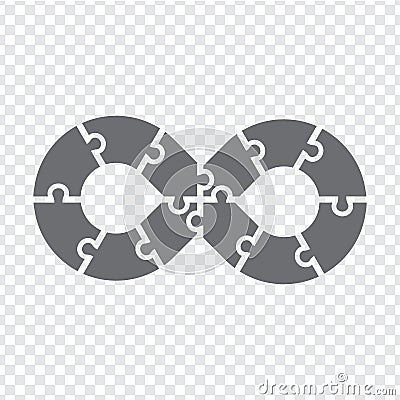 Simple icon Infinity puzzle in gray. Infinity puzzle of twelve pieces on transparent background. Vector Illustration