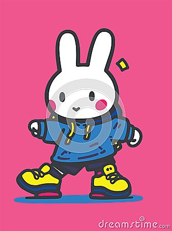 A simple illustrated bunny wearing blue hoodie and yellow shoes. Learning skating. Kids storybook. Vector Illustration