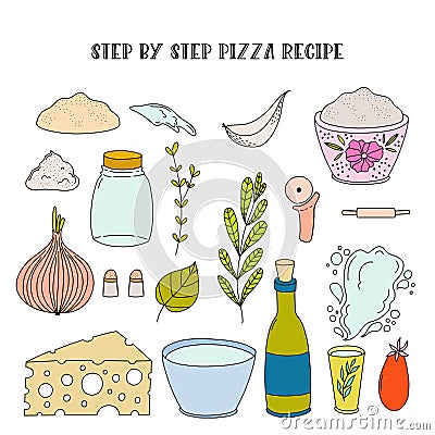 Simple illustrated step by step pizza recipe. Vector Illustration