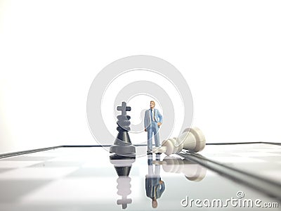 Simple illustration photo concept, 1 standing businessman mini figure toy help to winning war or Battle Small Magnetic Plastic che Cartoon Illustration