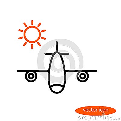 A simple image of an airplane carrying vacationers and an orange sun, a flat line icon for a travel agency Stock Photo