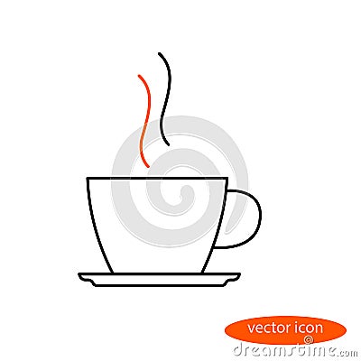 Simple image of a thin line of a cup and a saucer with a hot beverage with steam, a flat linear icon Stock Photo