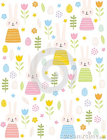 Cute Easter Rabbits Vector Pattern. Lovely Pink Bunnies and Eggs on a White Background. Vector Illustration