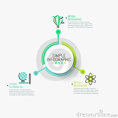 Simple infographic design template. Central circular element connected with three multicolored pictograms and text boxes Vector Illustration