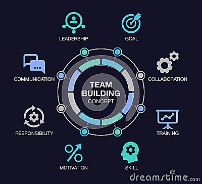 Simple infographic for team building visualization with colorful pie chart and icons - dark version Vector Illustration