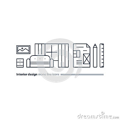 Simple interior, apartment design services, line furniture icons set Vector Illustration