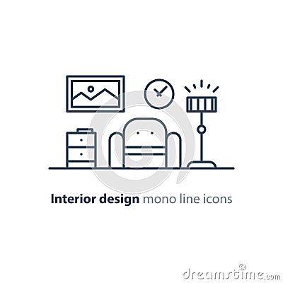 Simple interior, apartment design services, line furniture icons set Vector Illustration