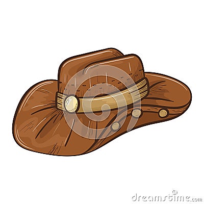 Simple isolated doodle sticker. Brown leather cowboy wide brim hat with plaque and badges. Wild west concept sticker Vector Illustration