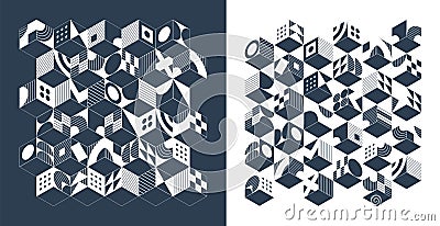 Simple Isometric Seamless Pattern. Line Geometric Abstract Background, Cube, 3d Box, Square and Hexagon Shape Grid Vector Illustration