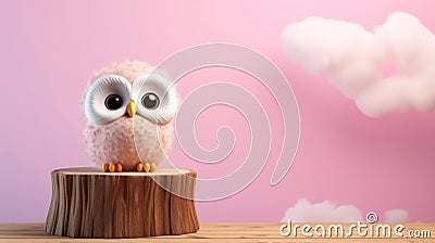 Simple Kids Owl On Tree Trunk 3d Cartoon Art Stock Photo